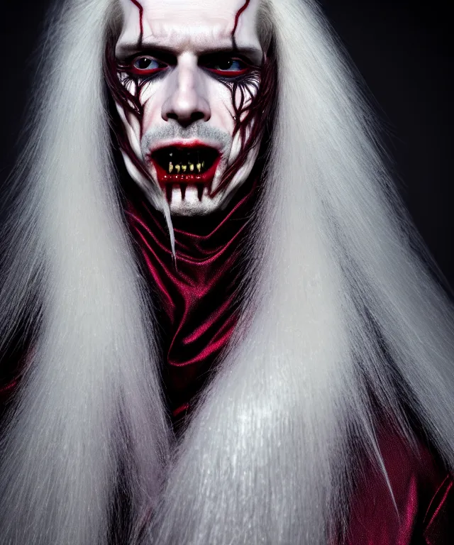 Prompt: surreal highly detailed portrait of a beautiful male vampire, long flowing silvered hair, depressing hopeless horrific vibe, 150 mm lens, soft rim light, bold crimson ornate robes, pronounced facial contouring, devious evil expression displaying vampire fangs, pale skin, Alexander McQueen, high fashion, haute couture, rococo, anatomical, elegant, hyper realistic, octane render, unreal engine, by Man Ray and Dora Maar, volumetric lighting, 8k, vibrant high contrast coloring