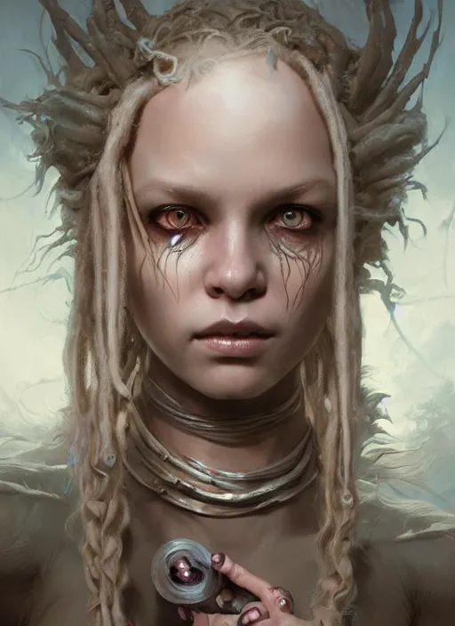 Image similar to fantasy changeling girl with blonde dreadlocks revealing her true nature, evil eyes, dim light, front game card, marvel comics, dark, intricate, highly detailed, smooth, artstation, digital illustration by ruan jia and mandy jurgens and artgerm and wayne barlowe and greg rutkowski and zdislav beksinski