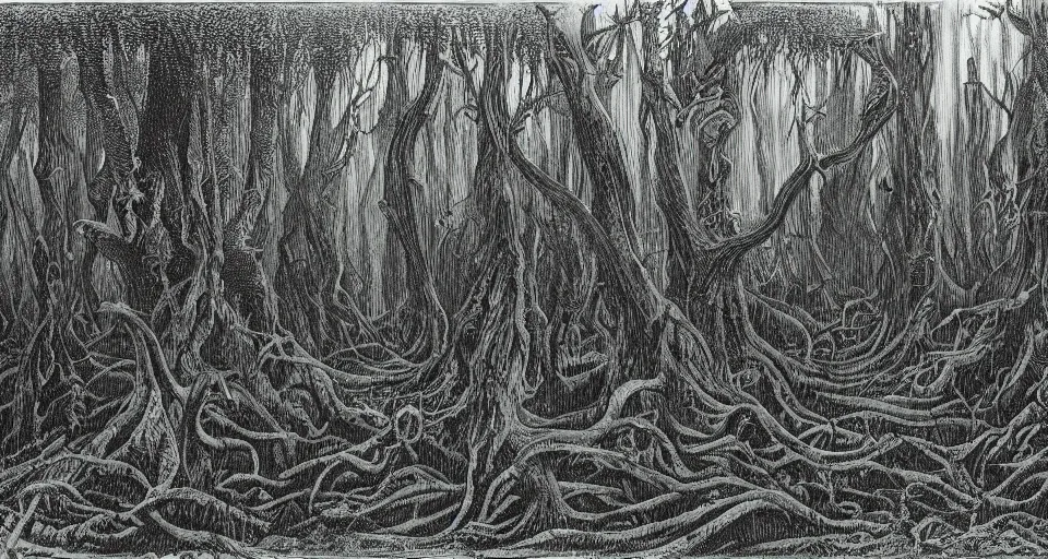 Prompt: A dense and dark enchanted forest with a swamp, by H.P. Lovecraft