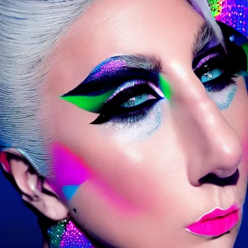 Prompt: Lady Gaga posing for a makeup shoot wearing geometric makeup, dramatic lighting