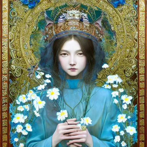 Image similar to breathtaking detailed concept art painting of the goddess of nemophila flowers, orthodox saint, with anxious, piercing eyes, ornate background, amalgamation of leaves and flowers, by Hsiao-Ron Cheng, James jean, Miho Hirano, Hayao Miyazaki, extremely moody lighting, 8K