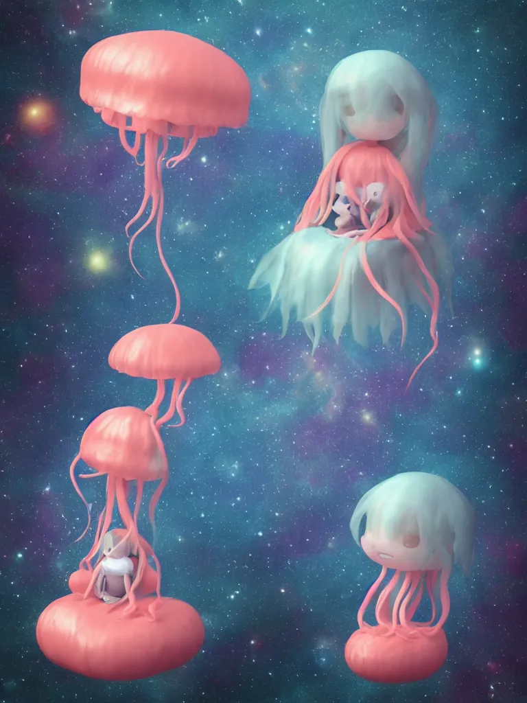 Prompt: cute fumo plush alien jellyfish girl sitting on a small island floating in the dark galactic abyss, heart eyes, vignette, vray