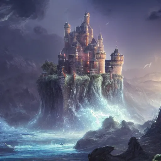 Prompt: a flyinf castle above the sky with rivers flowing down, trending on artstation, digital fantasy painting, high detail, hd, 4k, 8k full res