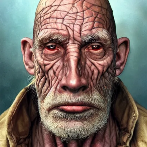 Prompt: centered detailed portrait of an old ugly mutant smuggler, without a nose and with rough dark dirty skin showing the thin veins underneath::art by James Christensen and Artgerm and Sophie Anderson::realistic character concept, single face, insanely detailed and intricate, beautiful, elegant, golden ratio, identical eyes, gazing eyes, beautiful eyes, slender symmetrical face and body::::post apocalyptic, Fallout style, destroyed city on background::medium shot, elegant pose, science fiction, illustration, artstation, cinematic lighting, dramatic lighting, volumetric lighting, Global Illumination, hyperdetailed, cgsociety, 8K, 4K, high resolution, vfx