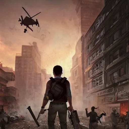 Image similar to nathan drake in a street full of zombies, artstation hall of fame gallery, editors choice, #1 digital painting of all time, most beautiful image ever created, emotionally evocative, greatest art ever made, lifetime achievement magnum opus masterpiece, the most amazing breathtaking image with the deepest message ever painted, a thing of beauty beyond imagination or words