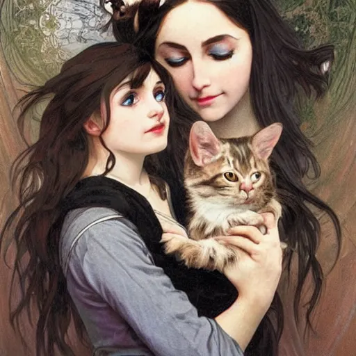 Image similar to cute emo german woman, with long dark hair, thick eyebrows!!! dark eyes and dark circles!, wide nose!!!, big eyes, oval face shape, big cheeks!, she is holding a cat in her arms, by juan villafuerte, greg rutkowski and alphonse mucha, pexels contest winner, high quality photo, hd rtx