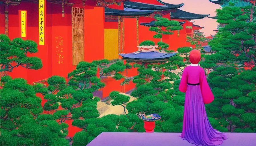 Prompt: a vibrant dream hallucination of a beautiful girl wearing gucci from behind on a balcony looking out over a temple garden in kyoto japan, lush plants, glowing lanterns, high fashion, by moebius, edward hopper and james gilleard, zdzislaw beksinski, james jean, steven outram hd, 8 k, trending on artstation, uhd,