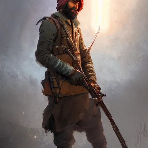 Prompt: handsome, brown - bearded far - future afghan resistance fighter with small turban carrying slender laser rifle with bayonet by greg rutkowski, deak ferrand, anato finnstark, and rembrandt