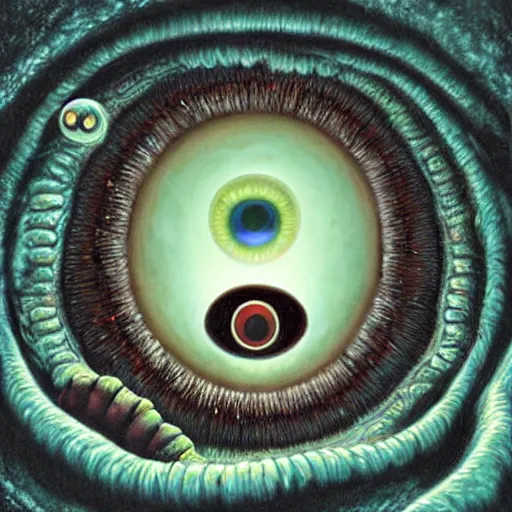 Image similar to digital painting of a lovecraftian, unknowable monster giant eyeball composed of hundreds of smaller eyeballs with teeth in the pupil, evoking existential dread, deviantart cosmic horror, dark surreal atmospheric, raulo caceres, tim white