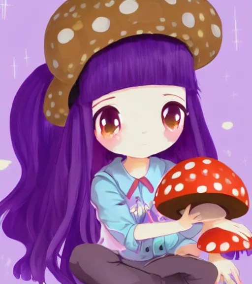 Image similar to a beautiful little girl wearing a mushroom hat sitting in her room petting a frog in her lap | | purple hair, pretty face, sharped details, in ryuuou no oshigoto art style, trending on pixiv