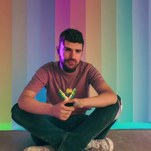 Prompt: a crowded party, a man is sitting in a corner by himself playing fortnite, pastel background colours and square lighting structures in the background. 2 0 0 mm, bokeh, kodak ektar 1 0 0, portrait photography,