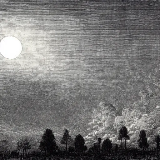 Prompt: a distant city, trees, night, full moon, clouds, chiaoscuro, illustration by Gustave Doré