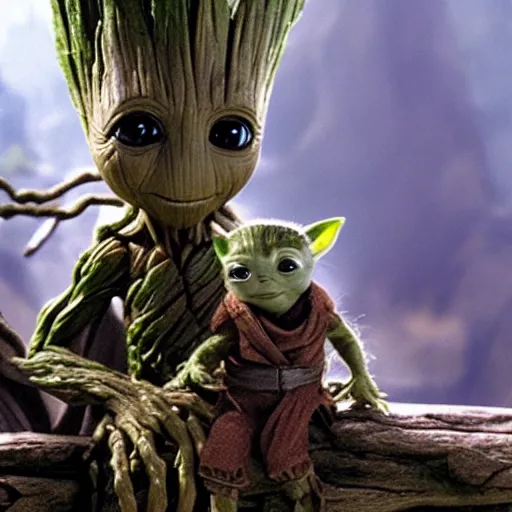 Image similar to Film still of Groot chilling out with Yoda, from Star Wars The Empire Strikes Back (1980)
