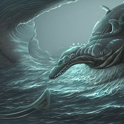 Image similar to sea monster looks like ship, deep dark sea, marine animal, highly detailed, digital painting, smooth, sharp focus