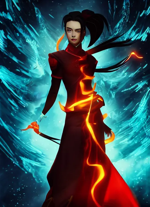 Image similar to azula from avatar the last airbender posing, blue flames, firebending, dark atmosphere, cinematic shot, intricate, ornate, photorealistic, ultra detailed, realistic, 1 0 0 mm, photography, octane, high definition, depth of field, realism, 8 k, artstation