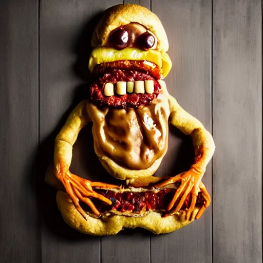 Image similar to a humanoid bipedal upright zombie that strongly resembles a hamburger, professional food photography