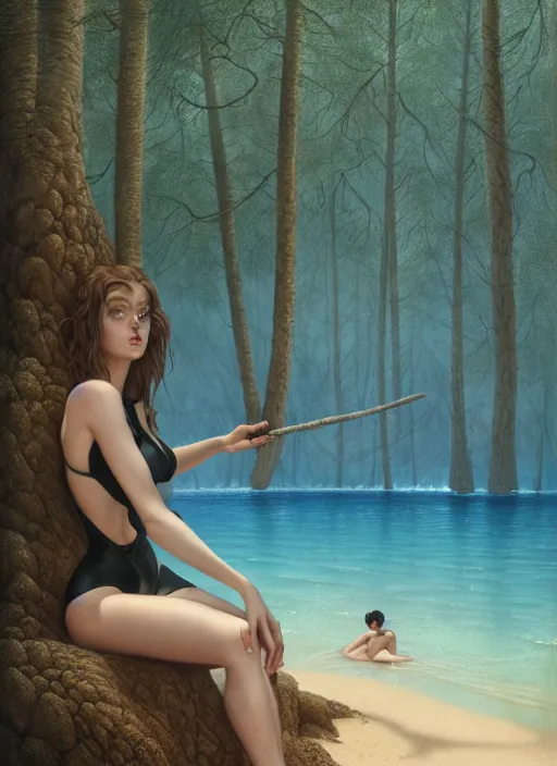 Image similar to in a stylish black swimsuit, on the sandy beach of a blue lake in a pine forest, hyperrealism, no blur, 4 k resolution, ultra detailed, style of tyler edlin, tom bagshaw, arthur rackham, ivan shishkin