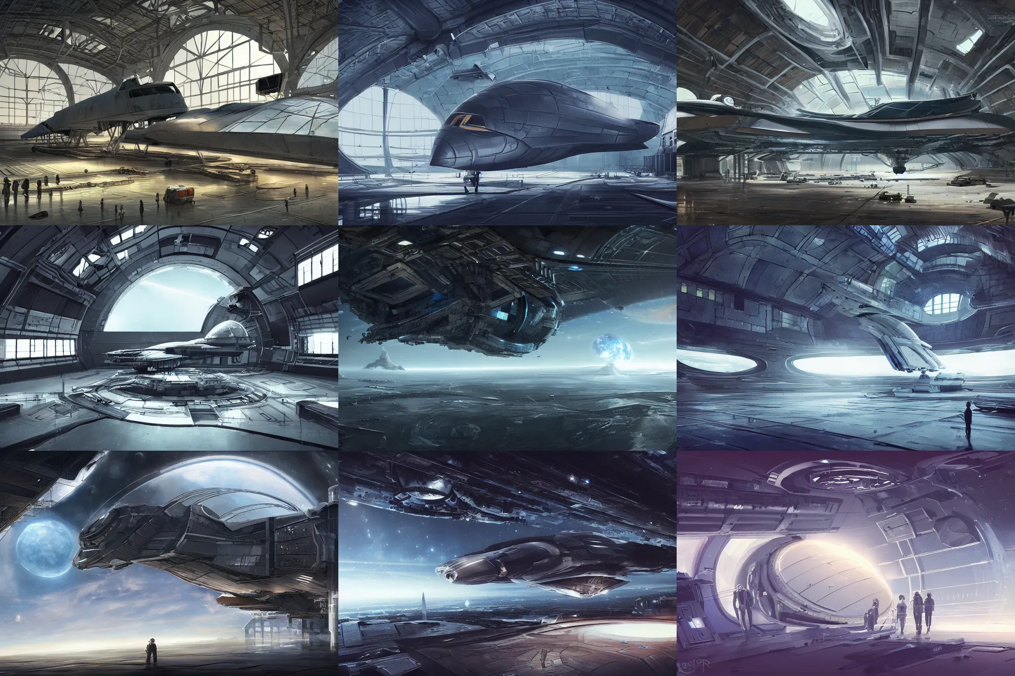 Prompt: sci fi spaceship being repaired in a large hangar, window outside with an epic view of space, matte painting, trending on artstation, 4k
