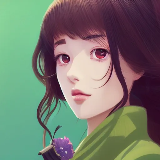 Prompt: a beautiful woman with long dark brown hair and green eyes wearing a kimono while eating dango, japanese street landscape, 4k, anime key visual, lois van baarle, ilya kuvshinov, rossdraws, artstation