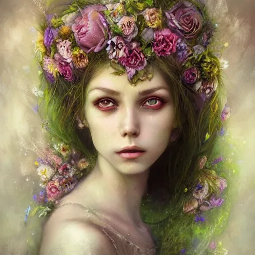 Prompt: a gorgeous flower princess portrait by Seb McKinnon and WLOP, artgerm ,3d render, ultra realistic, mystical, detailed flowers, SSS , vibrant colours, cgsociety