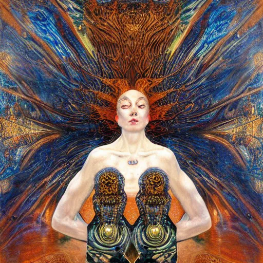 Image similar to Divine Chaos Engine by Karol Bak, Jean Deville, Gustav Klimt, and Vincent Van Gogh, horizontal symmetry, detailed fractals