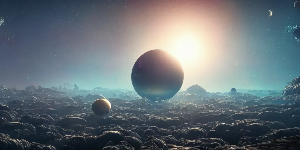 Image similar to planet with many moons in the sky, fantasy, intricate abstract. delicate artwork. by tooth wu, wlop, beeple, dan mumford. octane render, trending on artstation, greg rutkowski very coherent symmetrical artwork. cinematic, hyper realism, high detail, octane render, 8 k, depth of field, bokeh. chrome accents.