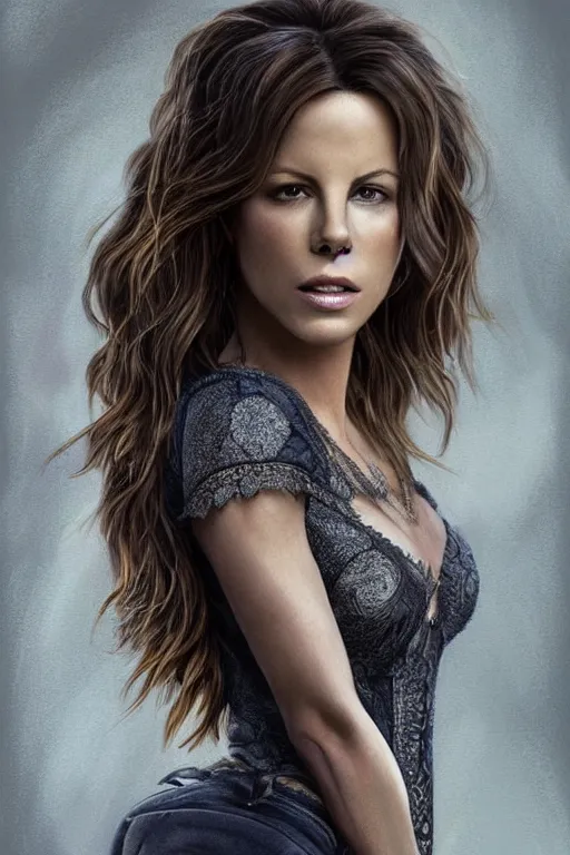 Prompt: Kate Beckinsale as a heroine in a t-shirt and jeans, intricate, elegant, highly detailed, centered, digital painting, artstation, concept art, smooth, sharp focus, illustration, XF IQ4, 1/160s, 8K, RAW, unedited, symmetrical balance, in-frame, art by artgerm and donato giancola and Joseph Christian Leyendecker, Ross Tran, WLOP