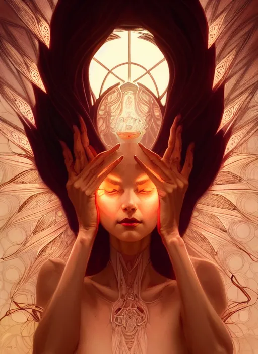 Image similar to symmetry!! demon afraid of angel, glowing lights!! intricate, elegant, good vs evil, highly detailed, digital painting, artstation, concept art, smooth, sharp focus, illustration, art by artgerm and greg rutkowski and alphonse mucha, 8 k