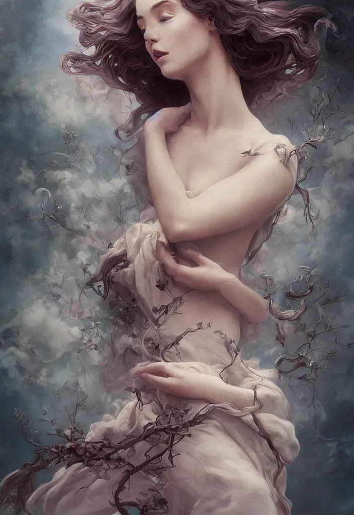 Prompt: beautiful, haunting young woman made out of smoke and clouds, in renaissance times, detailed gorgeous face, flowing hair, vaporwave aesthetic, synthwave long luxurious gown, branches, leaves,, digital art, ravens, digital painting, artstation, concept art, smooth, sharp focus, illustration, art by artgerm and greg rutkowski and alphonse mucha