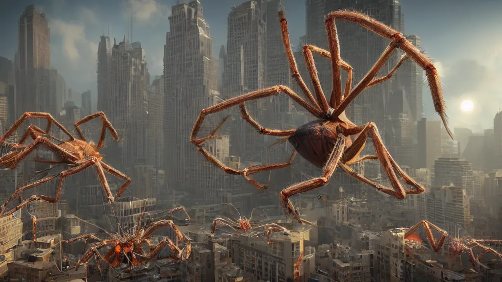 Image similar to giant spiders attacking the city, realistic, arachnophobia, unreal engine 5, global illumination, detailed environment, bright colours, cinematic, atmosphere, 4 k