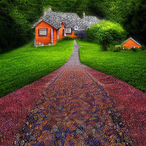 Prompt: blooming gravel path, house on a hill, digital art