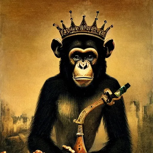 Image similar to A print that features a chimpanzee surrounded by a castle turret. The chimp is shown wearing a crown and holding a scepter, and the castle is adorned with banners. by Maurice Sapiro