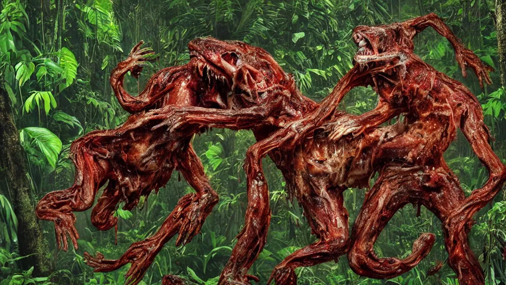 Prompt: an ultra-detailed high-quality hyper-realistic photo of twisted humans melting together, forming a massive livid amorphous mass of blood-oozing body horror composed of random limbs, translucent and slimy flesh, patches of fur, eyes, teeth, and intestines falling out and slithering, in a deep lush jungle at night, hazy atmosphere