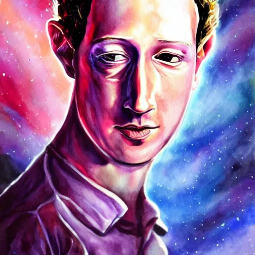Image similar to alien zuckerberg in space. watercolor. dramatic. amazing painting. formal. beautiful. high resolution. highly realistic. close - up. trending on artstation