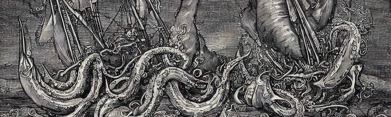 Image similar to Elaborate wallpaper print of Giant Squid with big eyes and knobby tentacles attacking a ship in the Waves in the style of Albrecht Durer and Martin Schongauer, high contrast finely carved woodcut black and white crisp edges