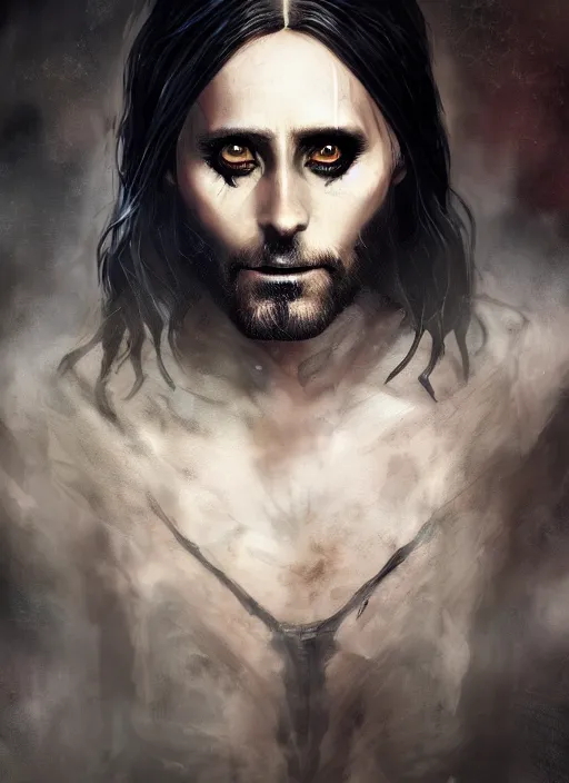 Image similar to A fantasy comic book style portrait painting of Jared Leto as a vampire race in a atmospheric dark fortress, unreal 5, DAZ, hyperrealistic, octane render, RPG portrait, ambient light, dynamic lighting