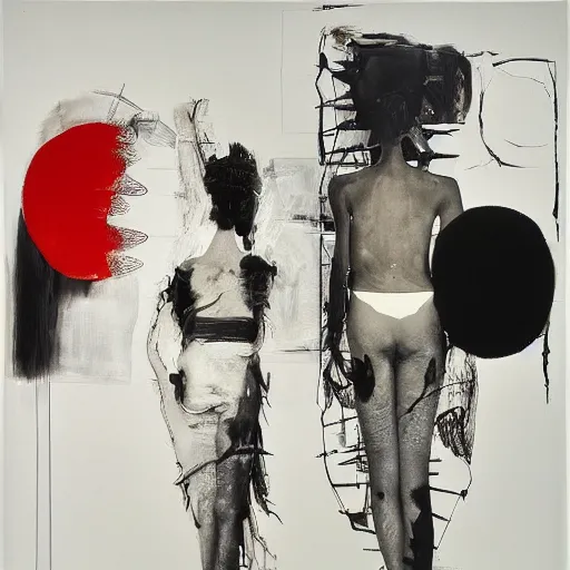 Image similar to The performance art is an abstract portrait of a woman. The woman's face is divided into two halves, one half is black and the other is white. The woman's eyes are large and staring. The performance art is full of energy and movement. electric, Still Life by Robert Rauschenberg mild