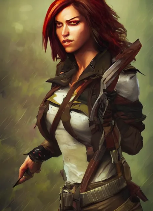 Image similar to hyper realistic rogue ranger hunter girl, full body, rule of thirds, human proportion, good anatomy, beautiful face, conceptart, saturated colors, cinematic, artstation, pinterest, cgsociety