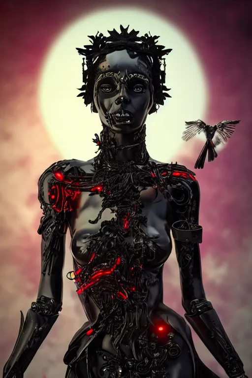 Prompt: full-body cyberpunk style sculpture of a young beautiful dark priestess, half android with a head opening exposing circuitry, glowing red eyes, black roses, flowing blood-red colored silk, fabric, candles. baroque elements, human skulls. full-length view. baroque element. intricate artwork by Caravaggio. crows flying in background. Trending on artstation, octane render, cinematic lighting from the right, hyper realism, octane render, 8k, depth of field, 3D