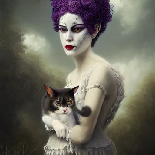 Prompt: picture generation, soft painting curiosities carnival, beautiful cat head mutation in full long dress, accurate features, focus, very intricate ultrafine details, black white purple volumetric clouds, award winning masterpiece, octane render 8 k hd, tom bagshaw artstyle