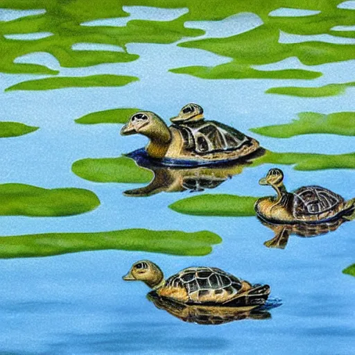 Prompt: turtleducks on a pond, hyperrealistic