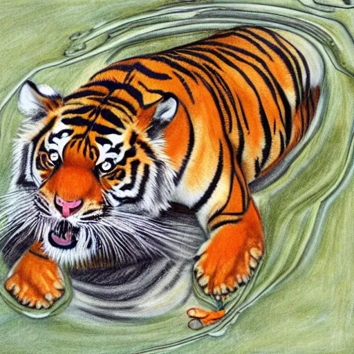 Image similar to drawing of a tiger cubs floating upside down in a pond of black oil, red ballpoint pen, outsider art style