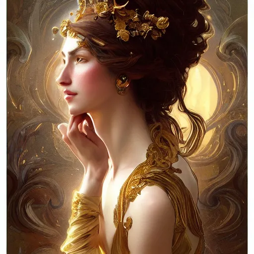 Prompt: a photograpic portrait of a pretty woman, rococo, gold, fantasy, intricate, elegant, highly detailed, digital painting, artstation, concept art, smooth, sharp focus, illustration, art by artgerm and greg rutkowski and alphonse mucha