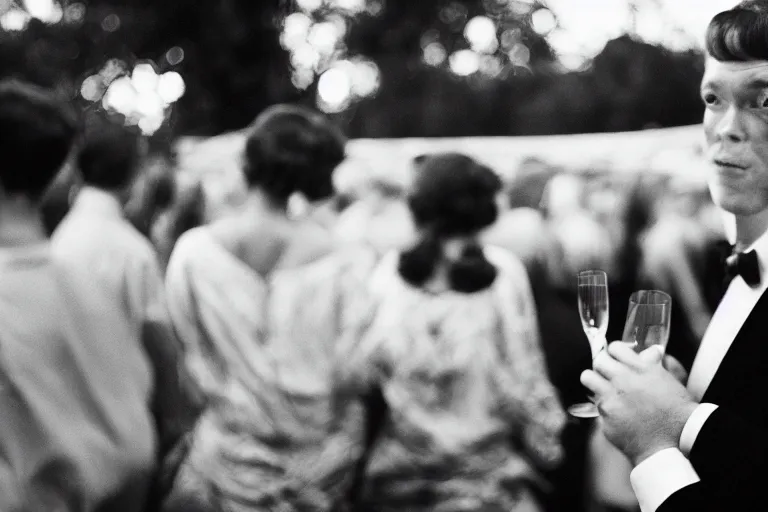 Image similar to candid close up of one guest at a party at the great gatsby's house, grainy, tri - x 4 0 0 tx