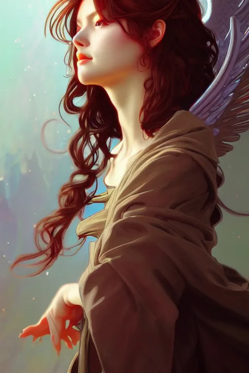 Image similar to beautiful casual angel warlock portrait, highly detailed, digital painting, artstation, sharp focus, illustration, art by tan zi and ayanamikodon and alphonse mucha and wlop