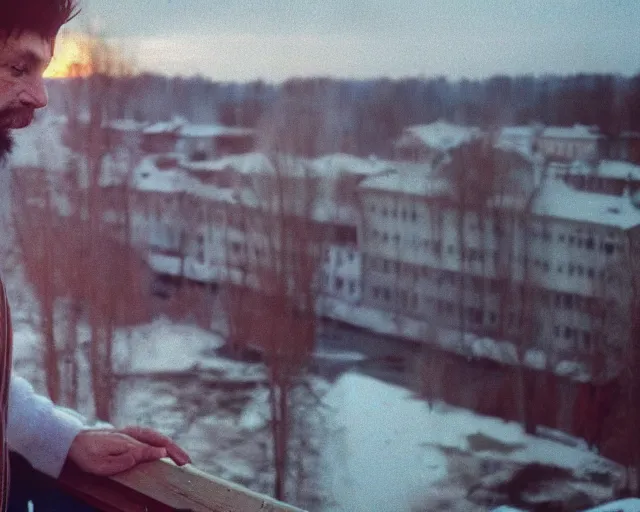 Image similar to lomographic tarkovsky film still of 4 0 years russian man with beard and sweater standing on small hrushevka 9 th floor balcony in taiga looking at sunset, perfect faces, cinestill, bokeh