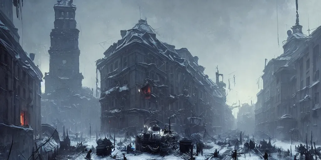 Prompt: frostpunk the city of warsaw, poland. fantasy art by greg rutkowski, gustave courbet, rosa bonheur, edward hopper. faithfully depicted architecture, realistic, sharp focus, global illumination, radiant light, detailed and intricate environment, trending on artstation