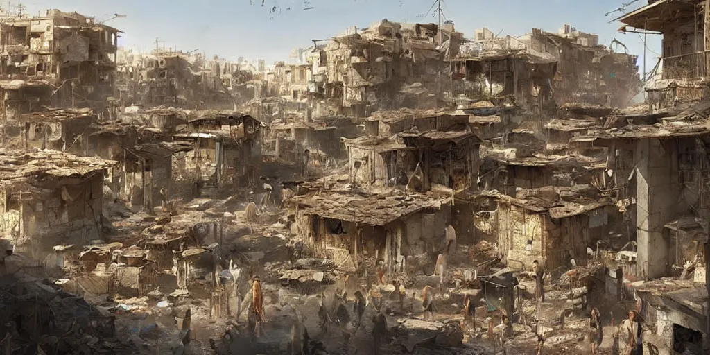 Image similar to hyper realistic, beautiful syrian slums village, cleaned up,, concept art, painted by greg rutkowski, highly detailed,