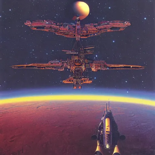 Image similar to science - fiction novel cover art by peter elson, syd mead, detailed, cinematic,