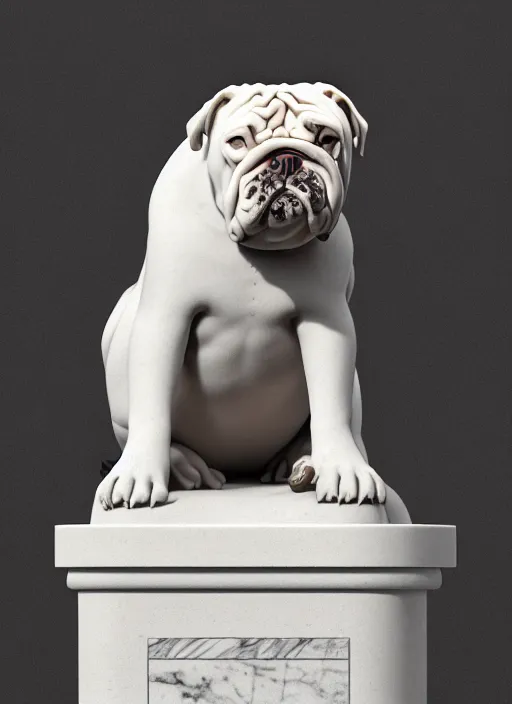 Image similar to a statue made of white marble with gold veins, of klay thompson petting a bulldog, full body shot, perfect symmetrical body, perfect symmetrical face, hyper realistic, hyper detailed, by johannen voss, by peter kemp, by monia merlo, by michelangelo, octane render, blender, 8 k